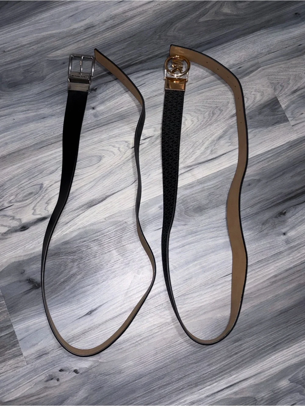 Michael Kors Gold MK Buckle All over Print Belt & Silver Buckle Solid Black Belt